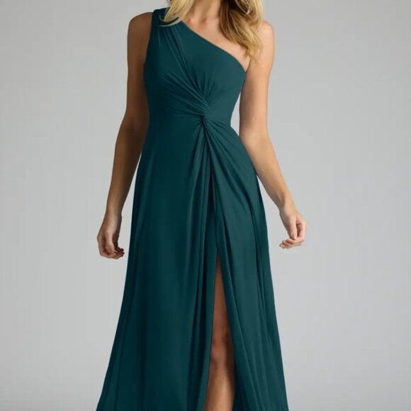 Azazie Brooke Pine A-Line One Shoulder Mesh Dress - Picture 1 of 12